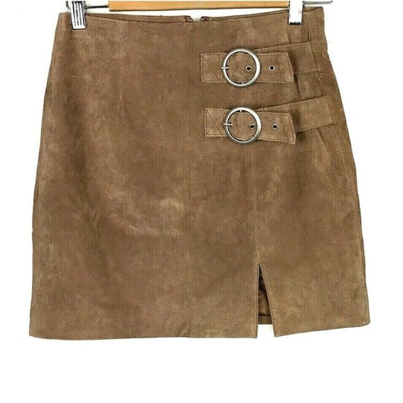 BLANK NYC Juniors Jr. Double-Buckle Suede Coffee Brown Mini Skirt Sz 24,25,26 - Picture 1 of 6